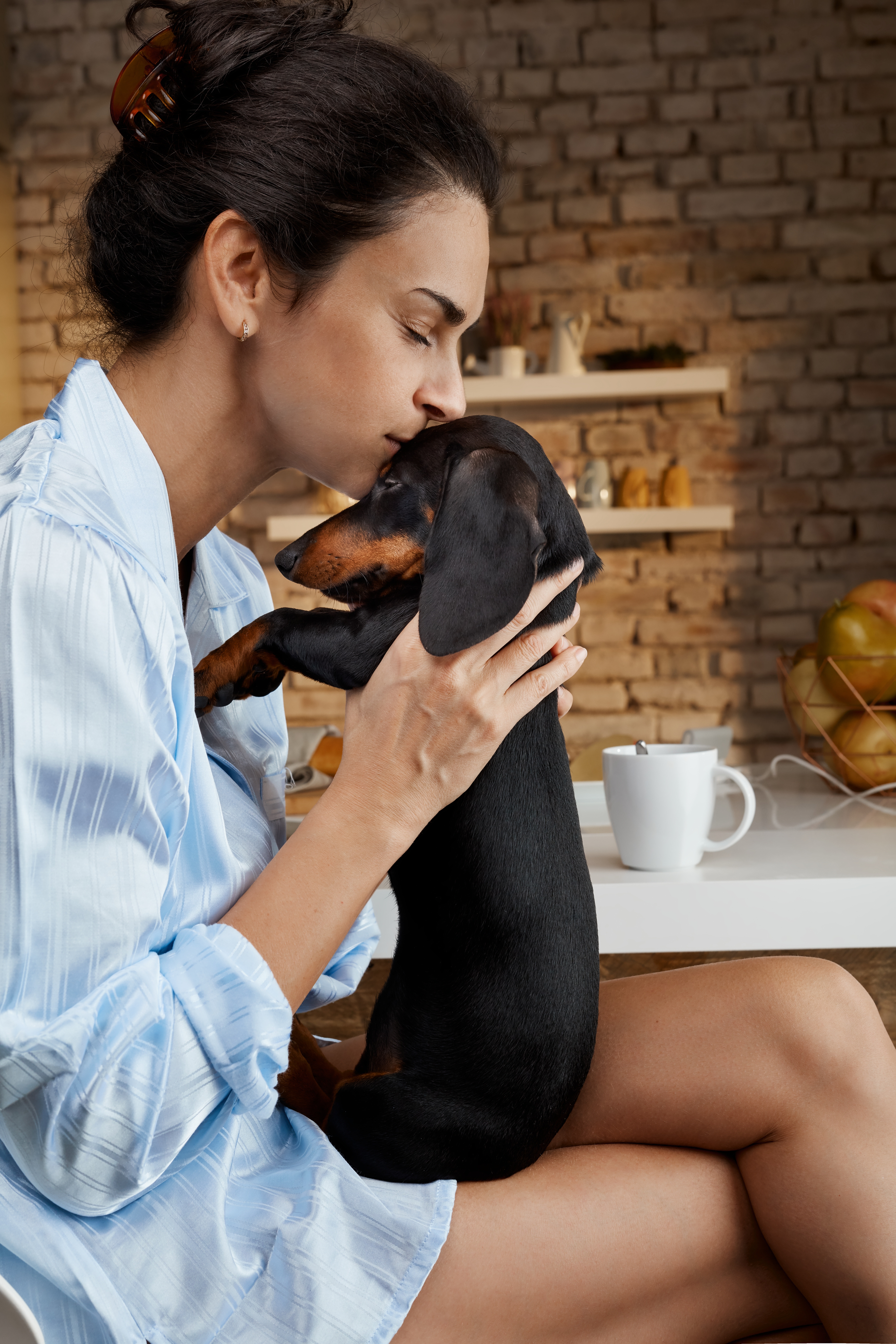 surrendering your dog, a woman loving and holding a smooth haired dachshund